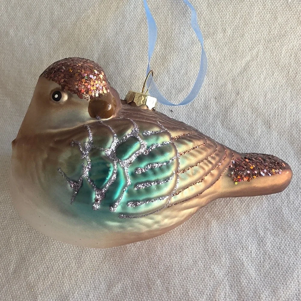 Hanging Blown Glass Bird Ornament Glitter Accents Copper Teal Blue 4.5 Inch